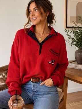 Vintage Red Knit Polo Sweater Bird Embroidery Retro Grandmacore Oversized XL‎